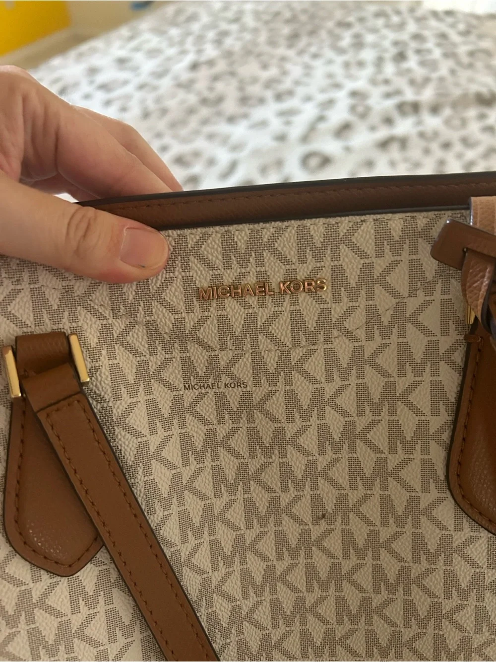Michael Kors Cream MK Signature Tote with Brown Trim